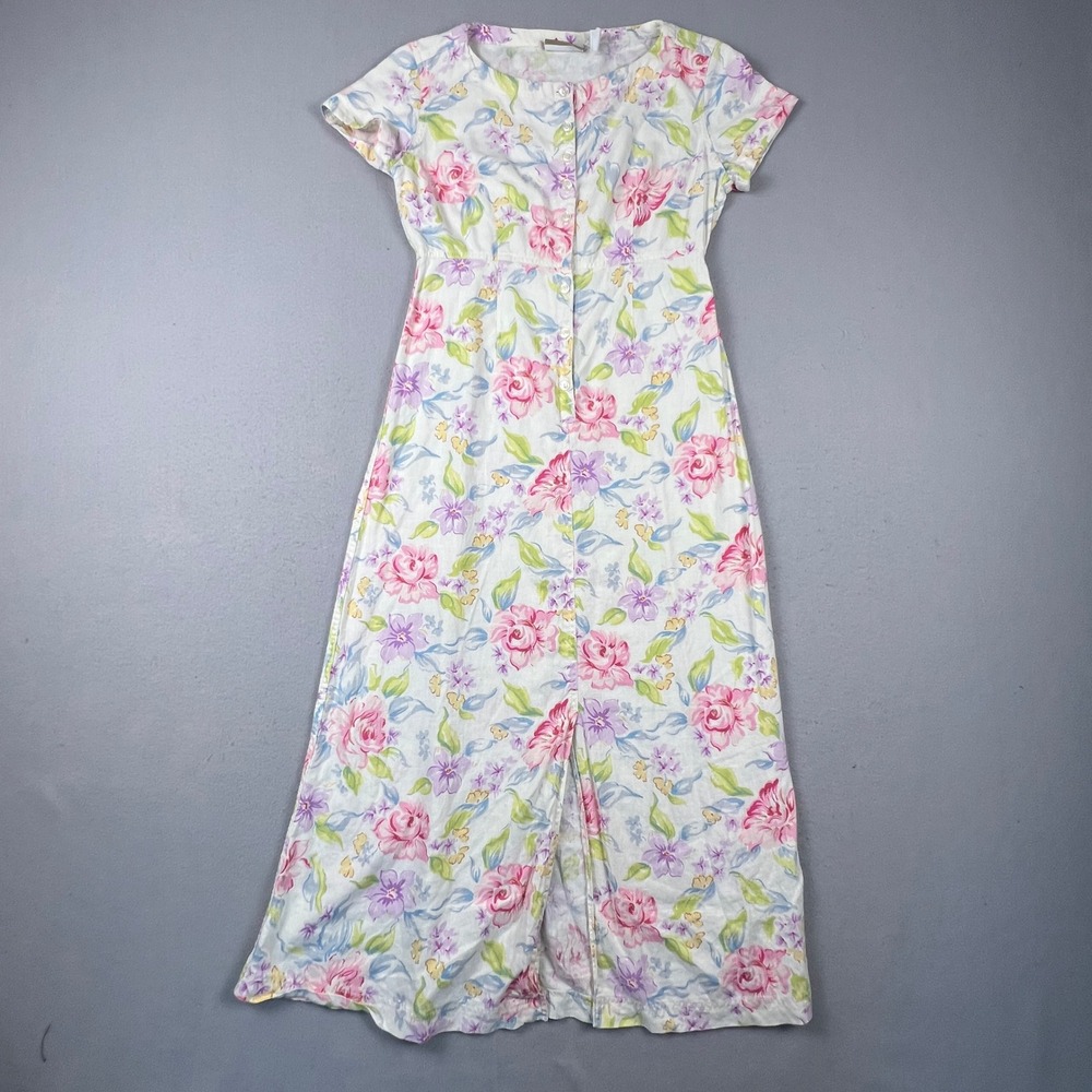Liz Claiborne Lizwear Maxi Dress Womens 4 White‎ Floral Linen Blend Cottagecore